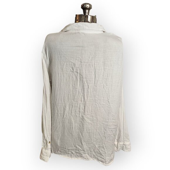 Crinkle Gauze Button-Down Boyfriend Shirt L - Picture 4 of 7